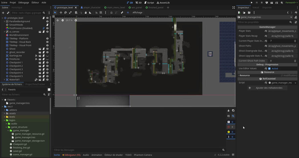Godot editor with the level in background